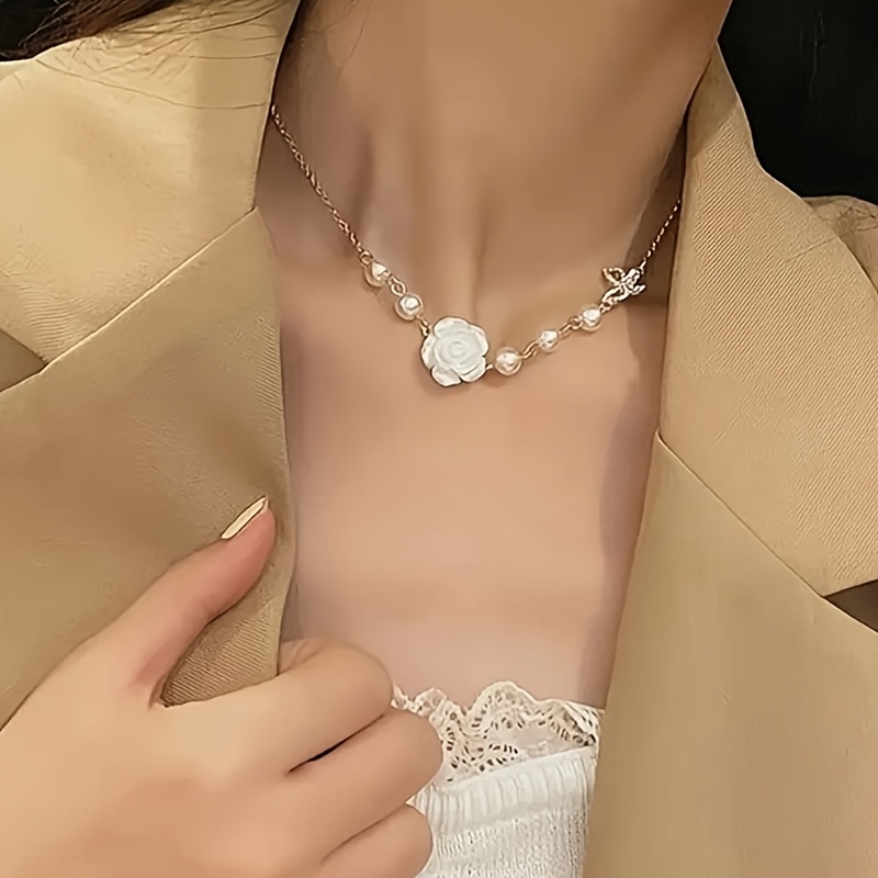 Imitation Pearl Zirconia Bow Collarbone Chain Necklace