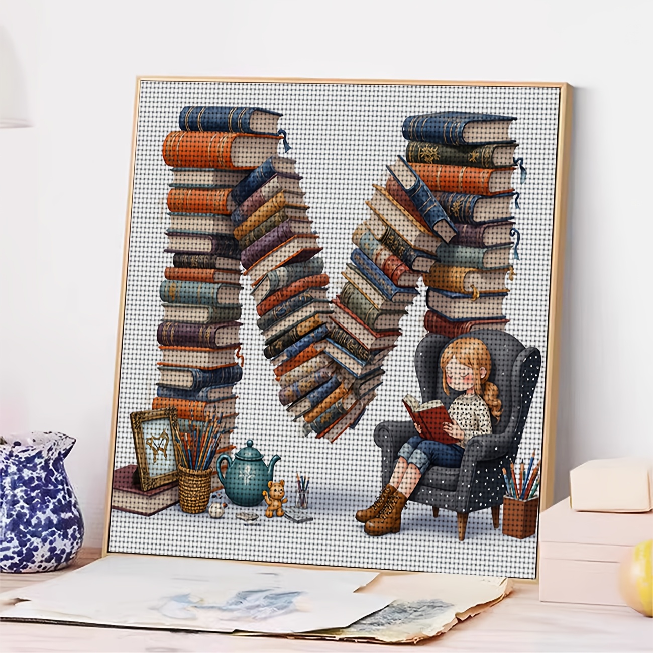 DIY Cross-Stitch Kit, 'Sitting by an M-shaped Stack of Books'