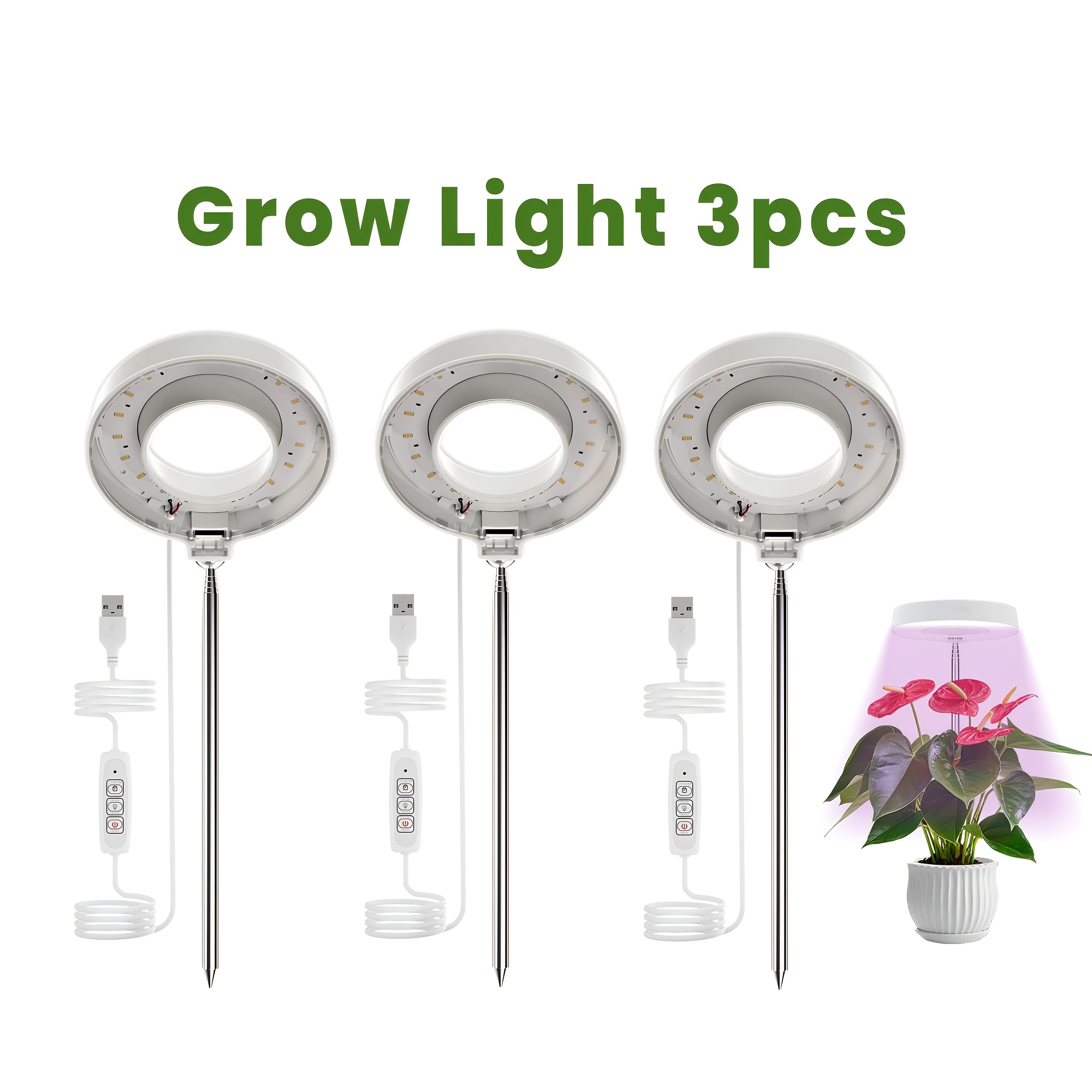 TEMU 3pcs Plant , Automatic Timing 4 Brightness Levels, 720° Rotatable Magnetic Lamp Head, Height Adjustable Sunlight For Indoor Low Light Potted