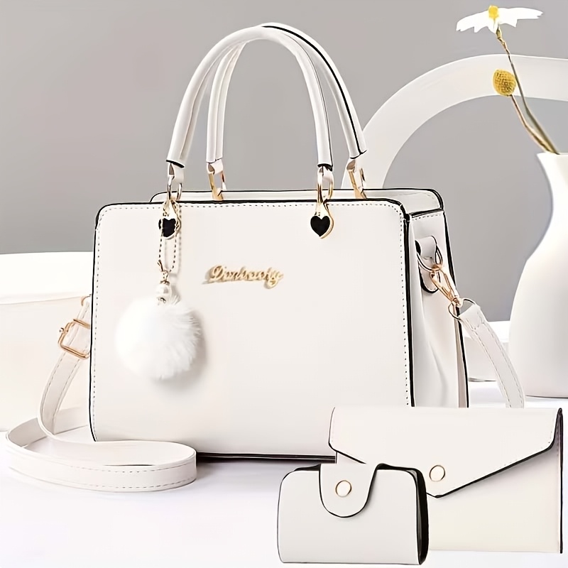 TEMU 3pcs Women's Handbag Set, Pu Tote Bag   Crossbody Shoulder Bag   Purse & Card Holder, Elegant White Top Handle Satchel For Daily Use