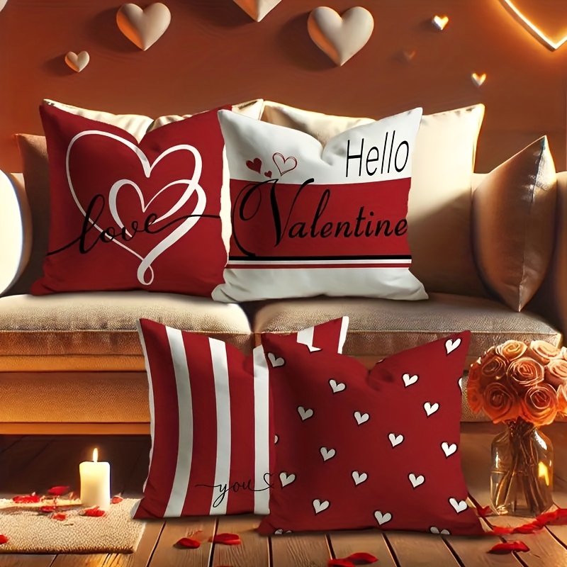 

4pcs Valentine's Day Pillowcase Set - Romantic Red And , Soft Decorative Cushion Cover For Living Room Bedroom Sofa Bed Home Decor, Zipper Closure, Machine Washable, No Pillow Core