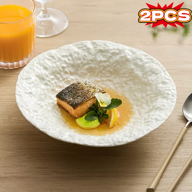 2pcs [Hot Item] Rock Grain Ceramic Plate, Senior Restaurant Daily Bowl, Soup Plate, Deep Plate, Restaurant Recommended Plate, Home Deep Plate Creative Hotel Restaurant Tableware Senior White Plate Soup Plate