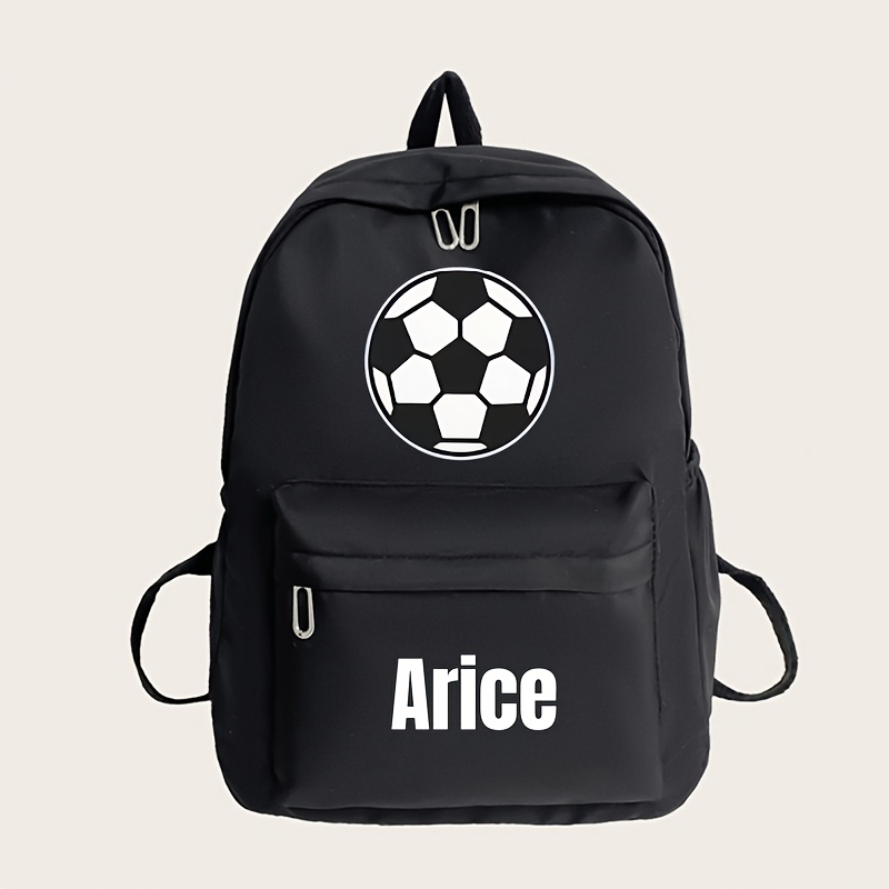 TEMU 1pc Back-to-school Personalized Casual Backpack, Customizable Name, Text, Or , Featuring Cute Like Soccer And Basketball. Black, Large Capacity,