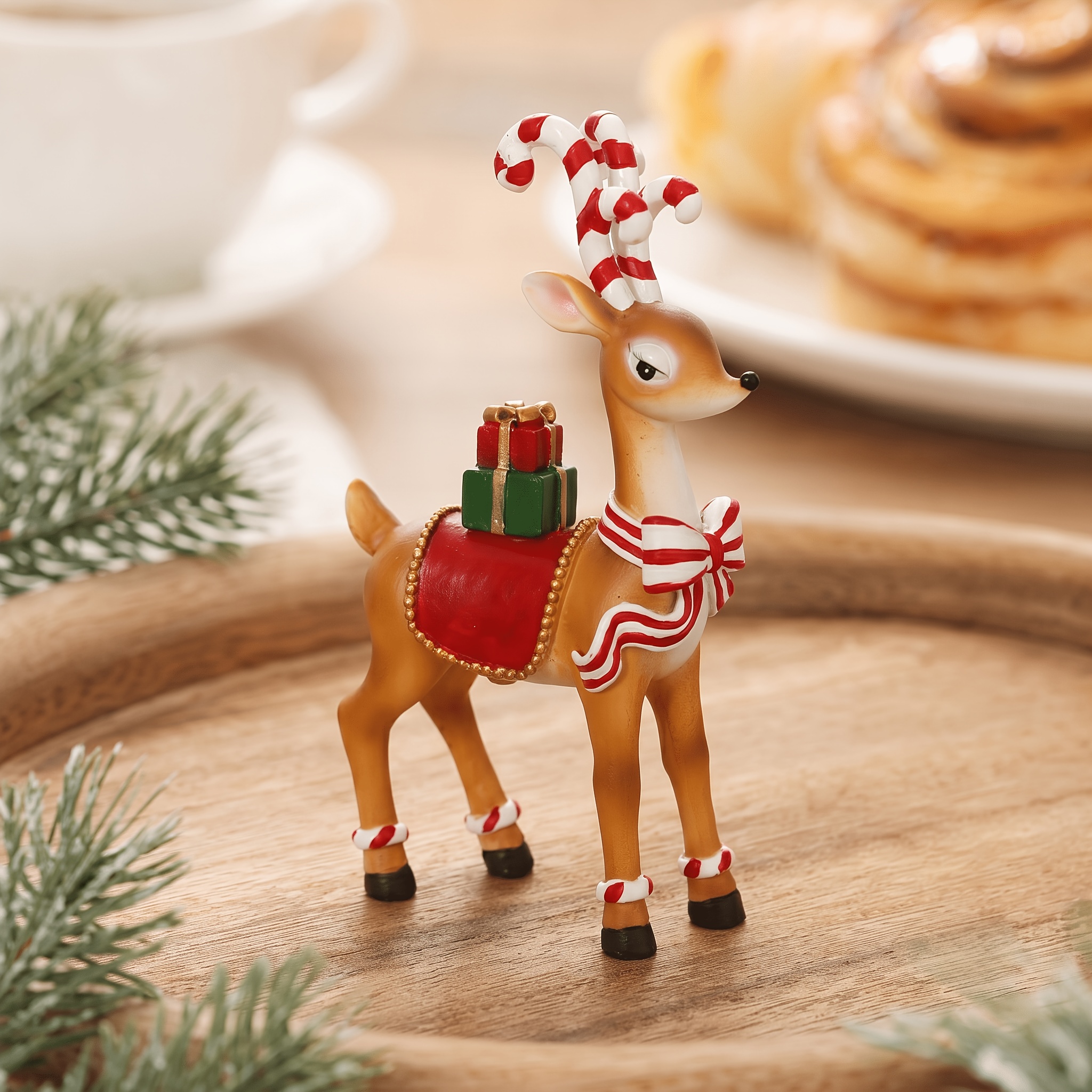 TEMU Cute Reindeer Ornament With Candy Cane Antlers, Elk Sculpture Decorated With Red Bow And Gift Box, Tabletop Figurine, Decor For Bedroom, Window