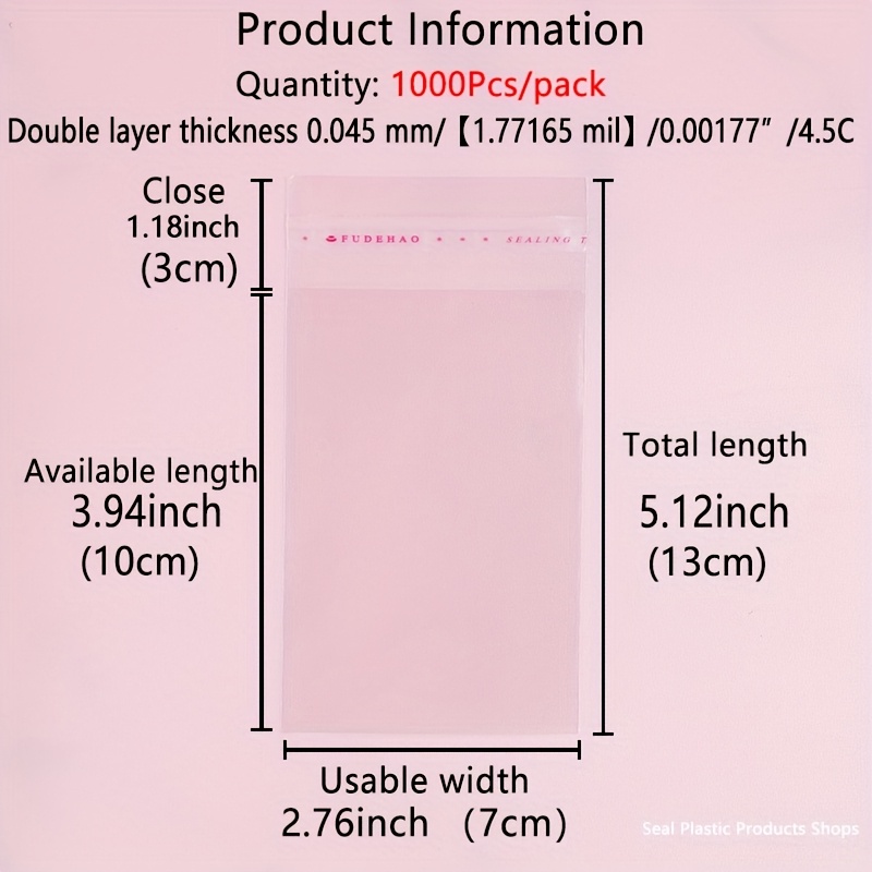 TEMU 1000 piezas de bolsas autoadhesivas de celofán plástico transparente OPP a prueba de polvo, de 2 a 9 pulgadas, capa de 0.045 mm, reutilizables y