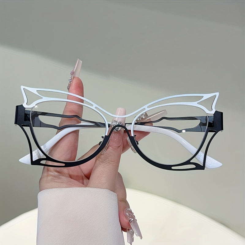Image of 1 Pair Of Women's New Fashionable Hollow Frame Cat- Pink Non- Glasses, Oversized Green Accessory Eyewear