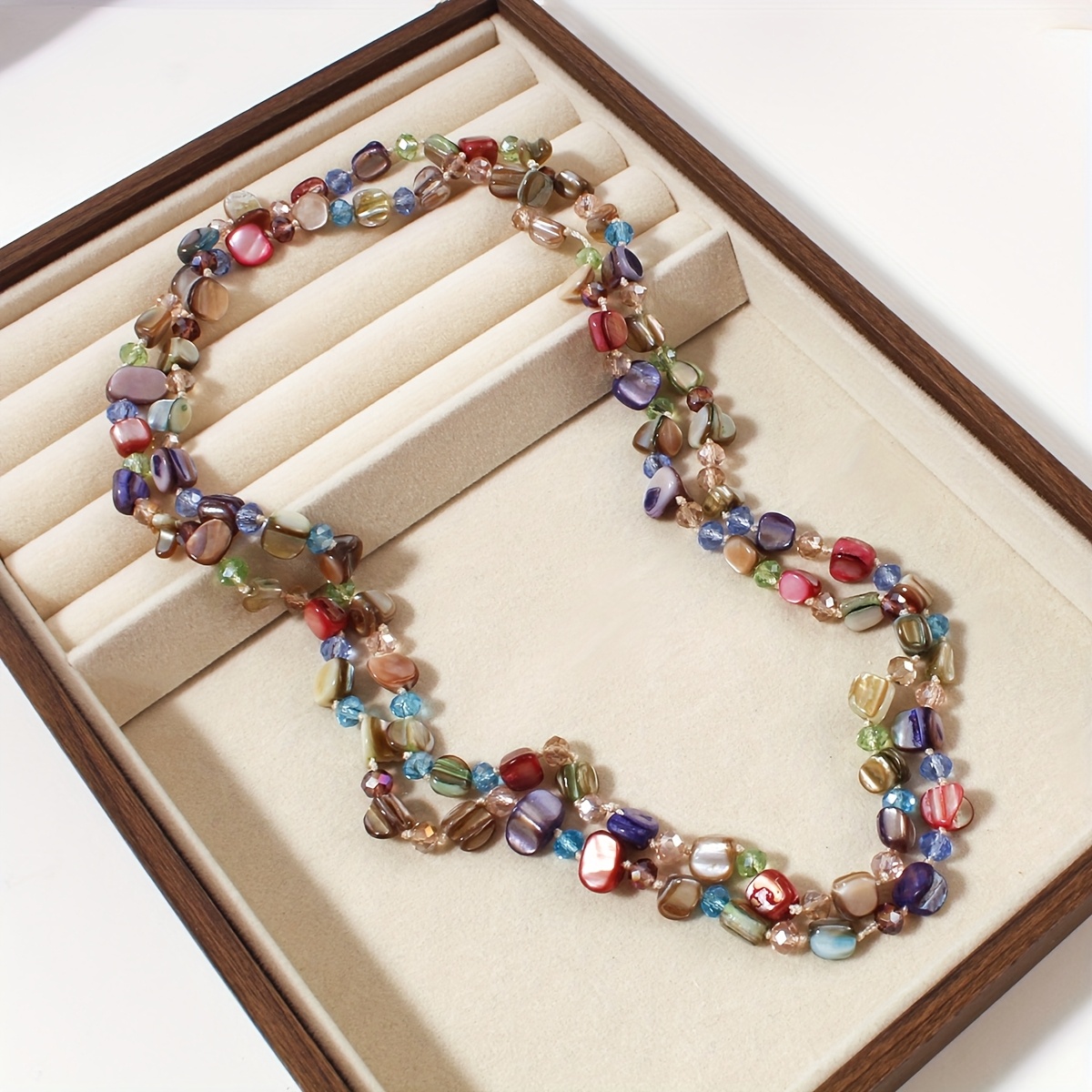 TEMU 1 Bohemian Style Shiny Colorful Glossy Shell Stone Handmade Long Necklace For Vacation Travel And Everyday Versatile Jewelry, Unisex, Bead Colors And Sizes , No Gift Box