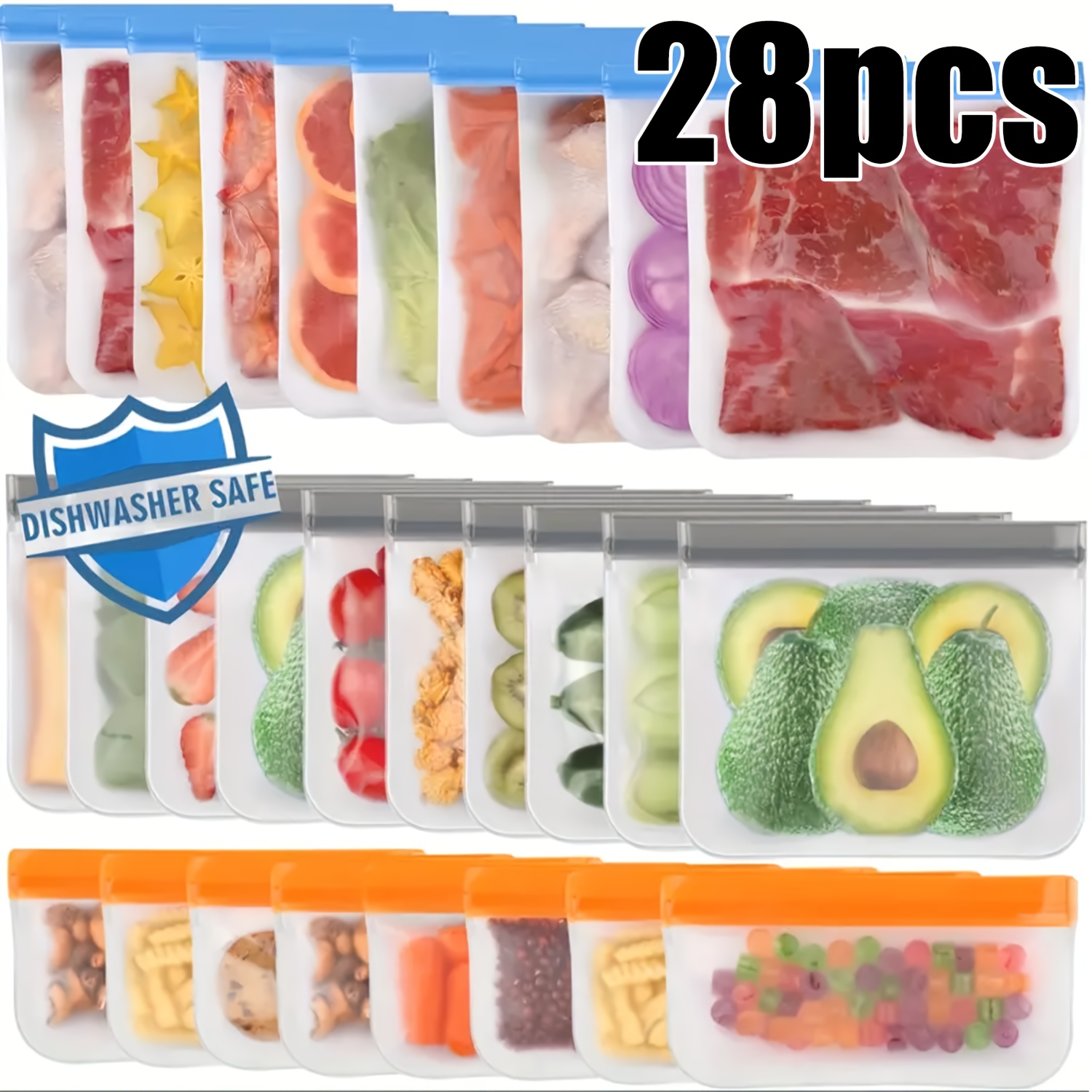 

28 Pack Dishwasher Safe Reusable Bag Set, Silicone, Extra Thick Leak Proof Reusable Freezer Bags, Bpa-free Reusable Food Storage Bags For Lunch Meat Vegetables - 10 Gallons 10 Sandwiches 8 Snack Bags