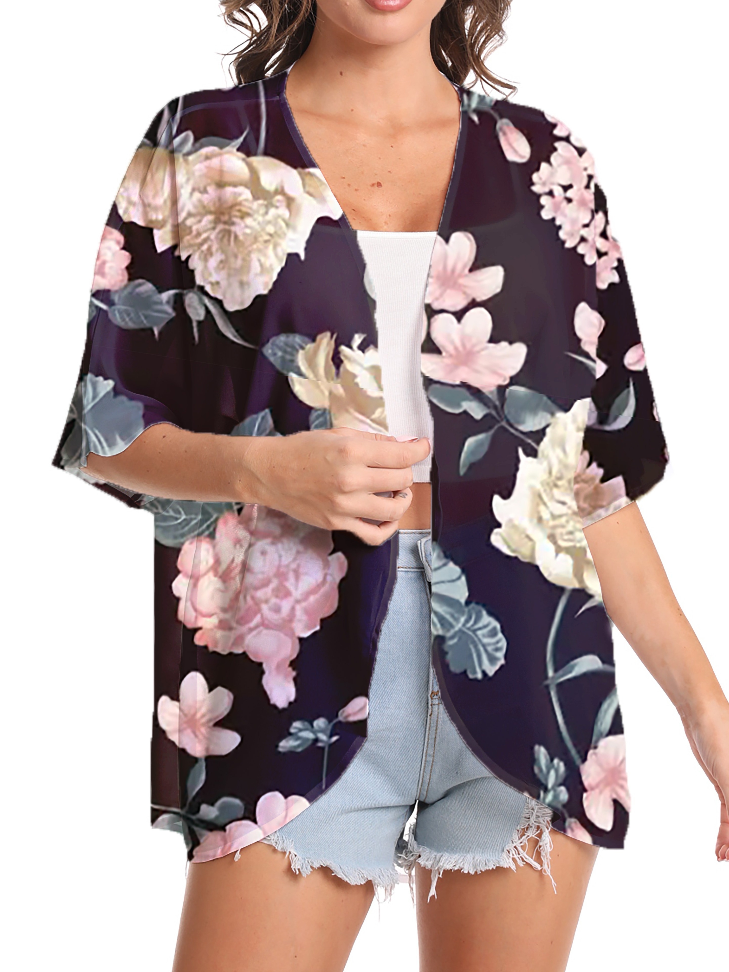 Floral Print Cover Up Cardigan, V Neck Loose Fit Half Sleeves Casual Beach Kimono, Women's Swimwear & Clothing