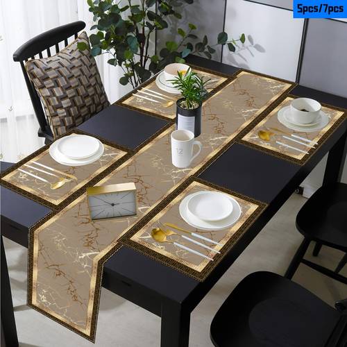 5 7pcs marble pattern and fret luxury border pattern table runner and placemats suitable for holiday birthday party dinner party and decoration suitable for country style