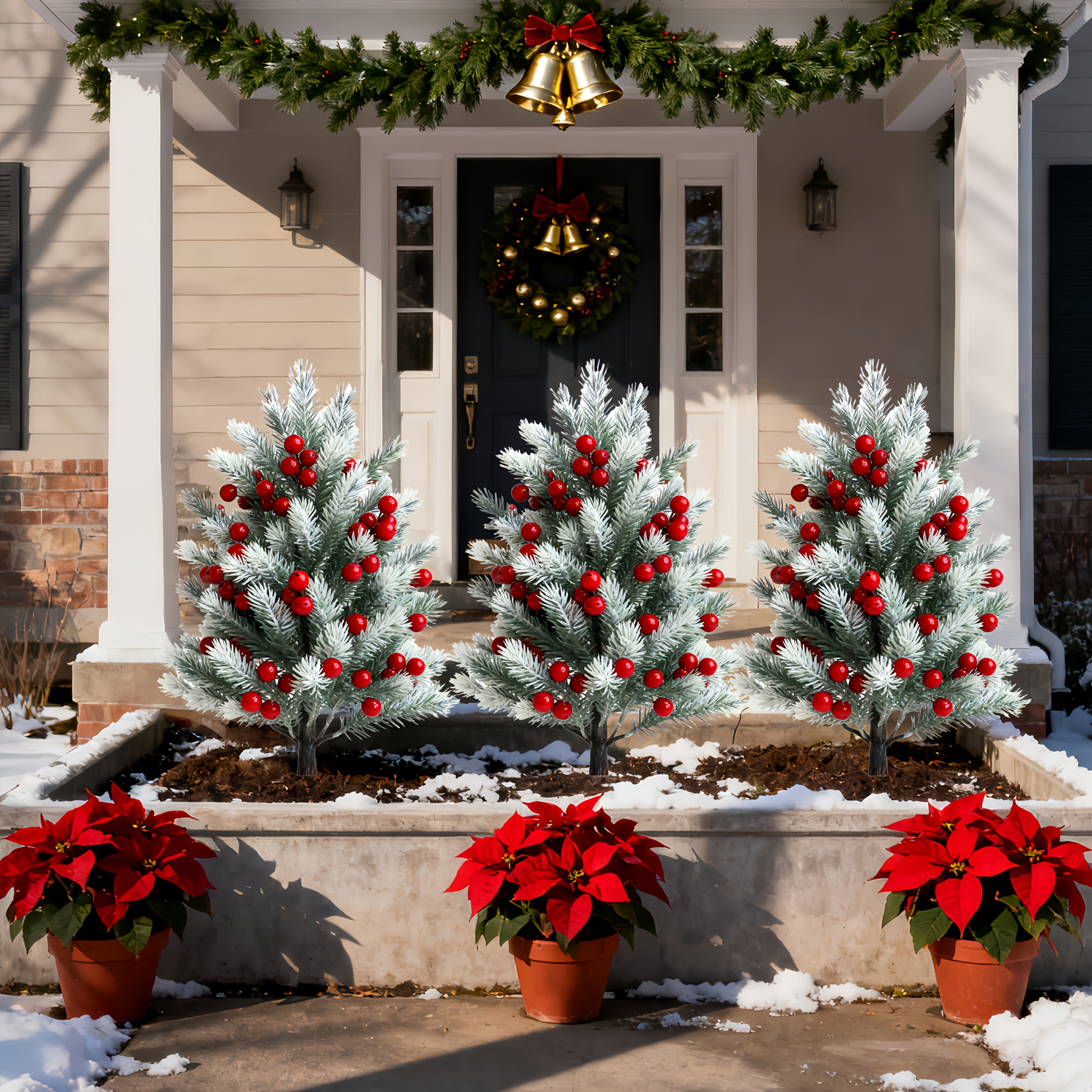 TEMU 8pcs Large Christmas Pine Tree With Red Berries Artificial Needle-leaf Christmas Tree Suitable For Indoor And Outdoor Decorations-front Door Sides And Festive Holiday Decorative Accent