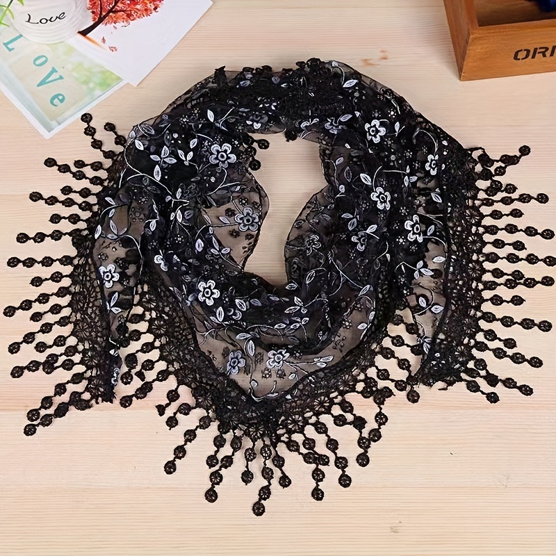 

Elegant Floral Lace Tassel Triangle Scarf For Women, Spring Fringe Shawl, Decorative Headscarf