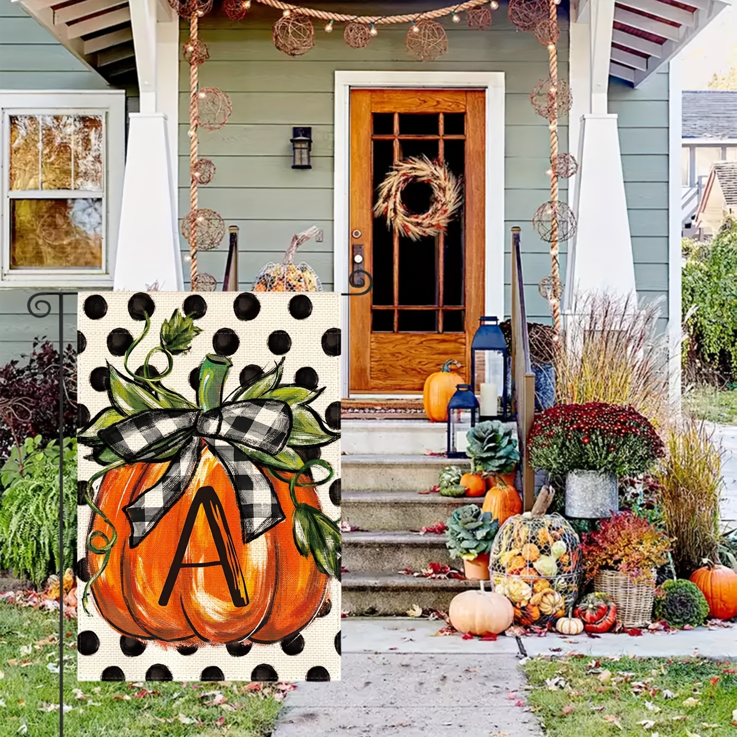 

Sm:)e Halloween Fall Monogram Letter A Garden Flag Polka Dot Pumpkin 12x18 Inch Double Sided Outside, Small Burlap Family Last Name Initial Yard Decoration