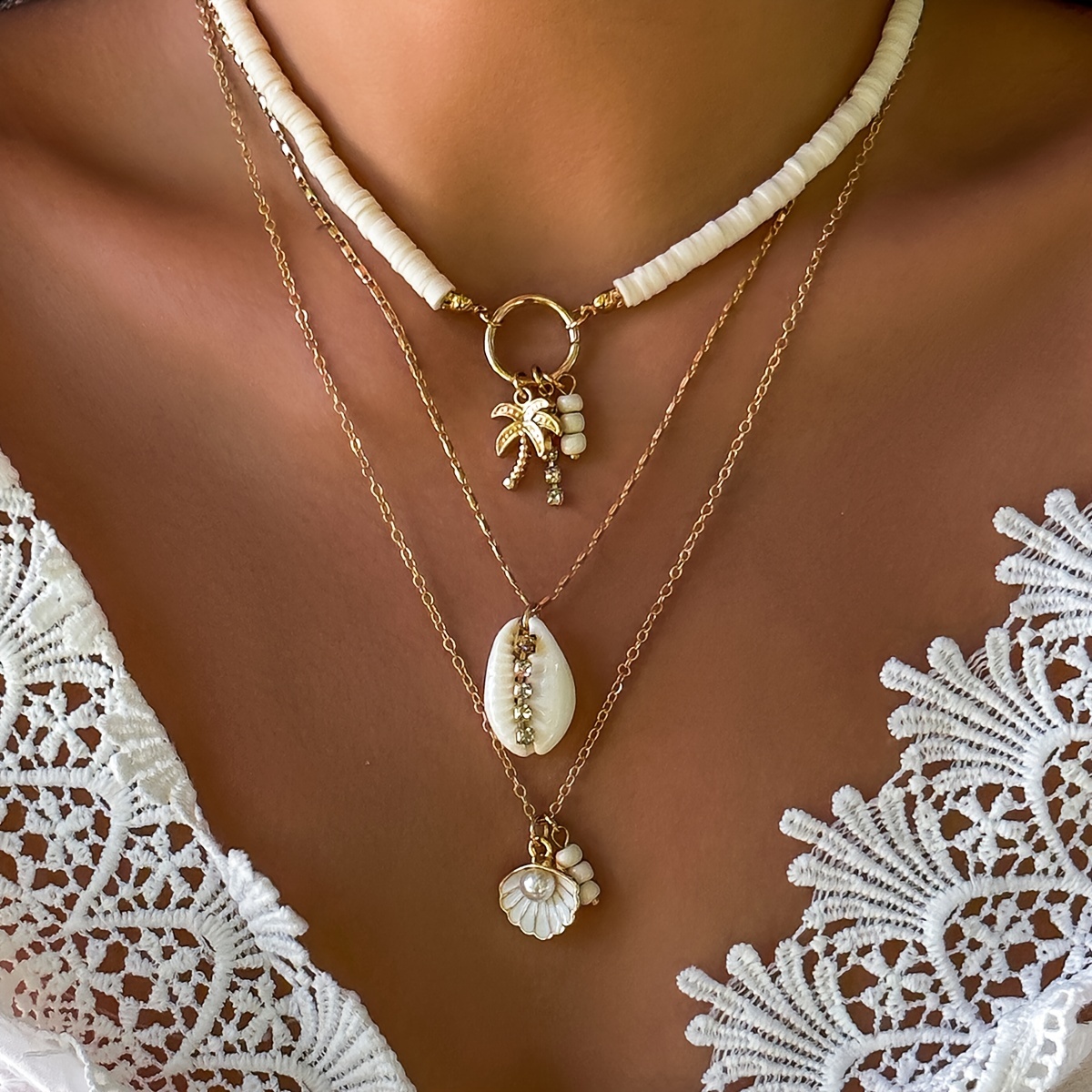 

3pcs/set Imitation Shell Scallop Pendant Necklace, Bohemian Vacation Style Coconut Trees Charm Decor White Bead Beaded Necklace Beach Holiday Jewelry