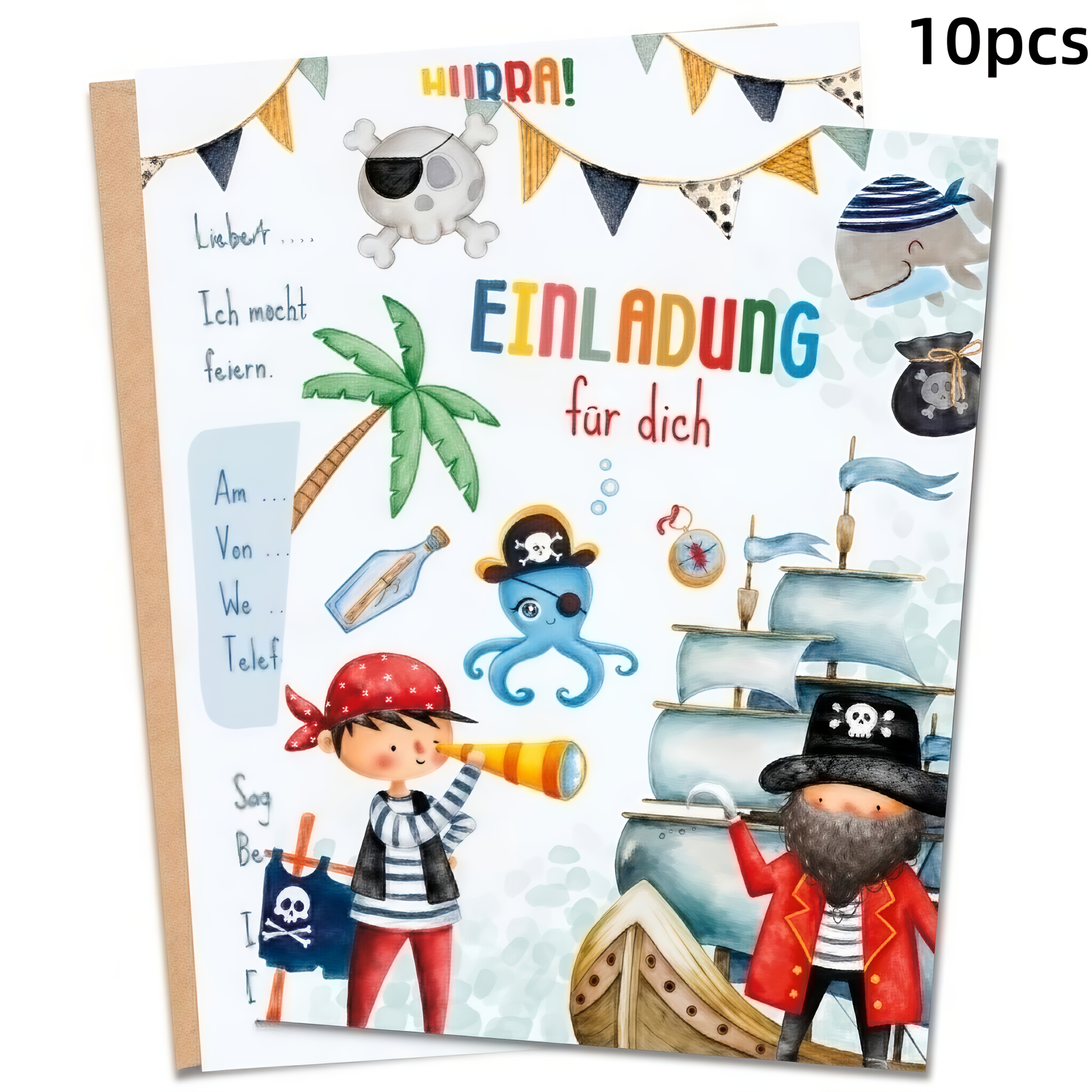 Image of 10pcs Cute Pirate Birthday Invitation Cards With Envelopes (5 Invites And 5 Envelopes) - Pirate And Design, Colorful Pirate Pattern For Birthday, Pirate Themed Party Supplies