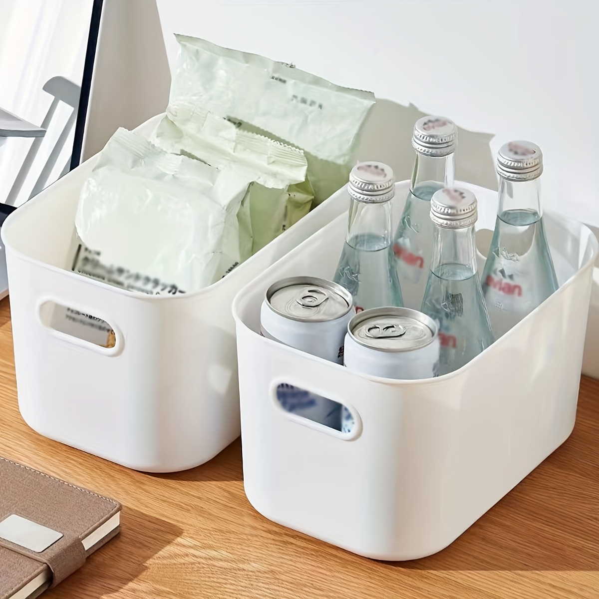 

4-pack White Plastic Storage Bins, Multipurpose Organizers For Snack, Underwear, Kitchen Essentials, Durable Dorm Baskets With Handles