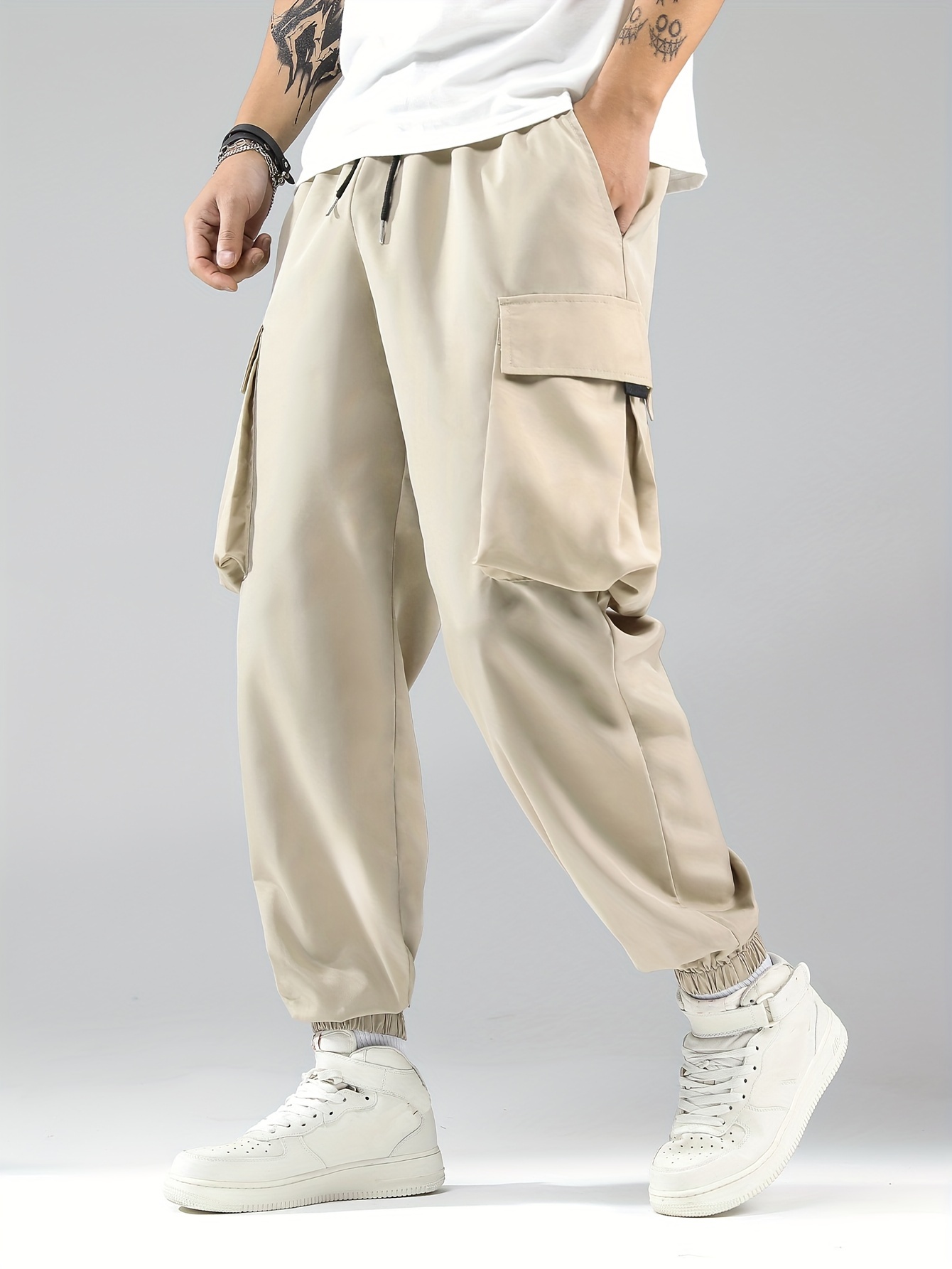 Plain Drawstring Casual Cargo Pants Loose Fit Flap Pockets - Temu