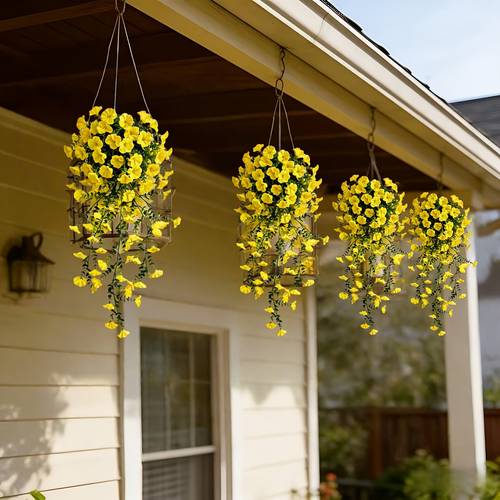 4pcs Large Trumpet Flower Artificial Decor, Faux Hanging Plants | Vibrant Flowers and Eucalyptus Leaves for Decoration | | Maintenance-Free Artificial Flowers | Ideal for Home | Yard | Patio | Porch | Gazebo Hanging