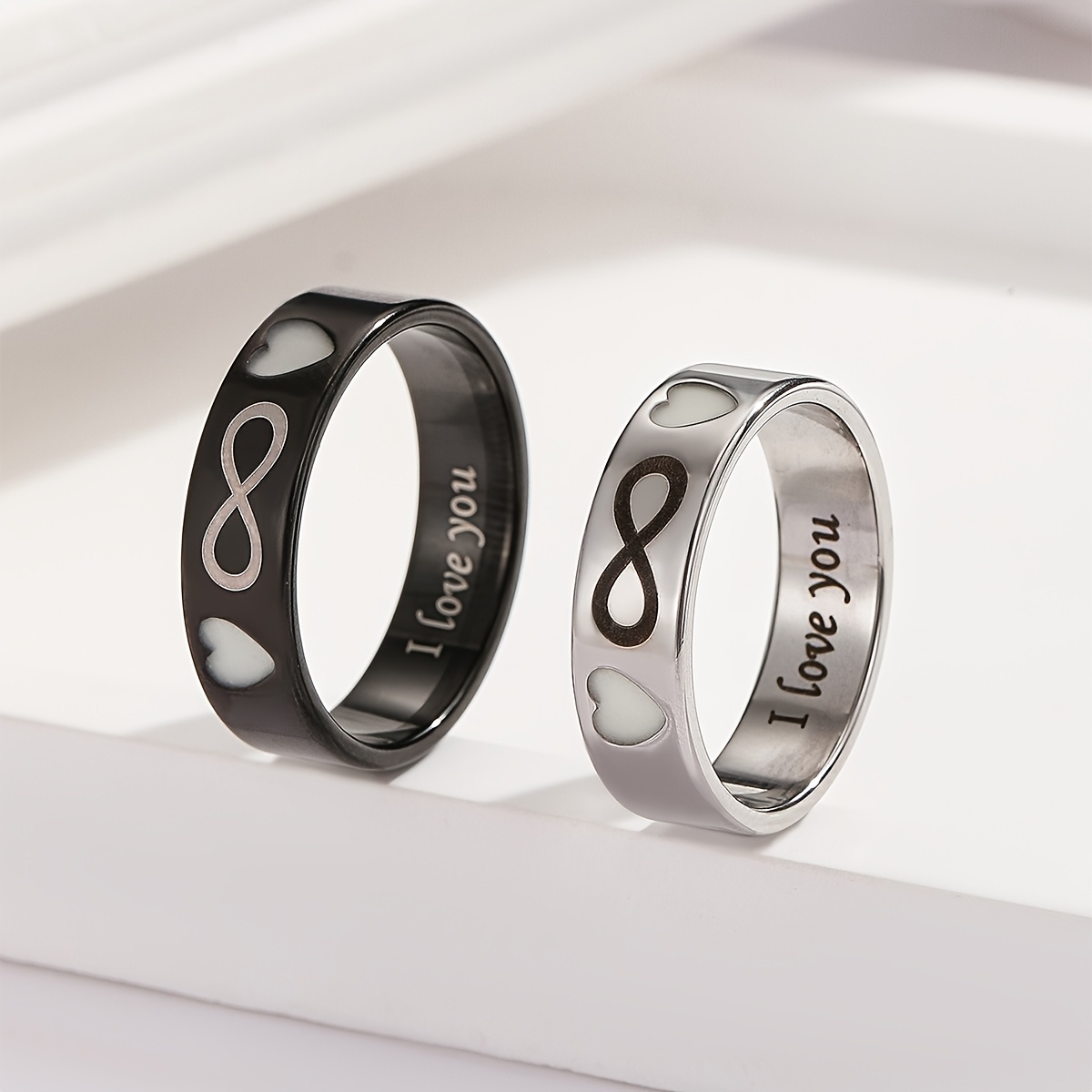 TEMU 2pcs/set Of Luminous Heart And Infinity Symbol Rings For Couples, Fashionable Valentine's Day Gift Accessories For Women