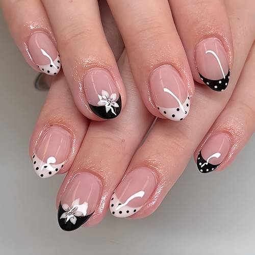24pcs french tip nails short oval press with polka dot floral white suitable for womens spring summer daily wear parties weddings application machine nails