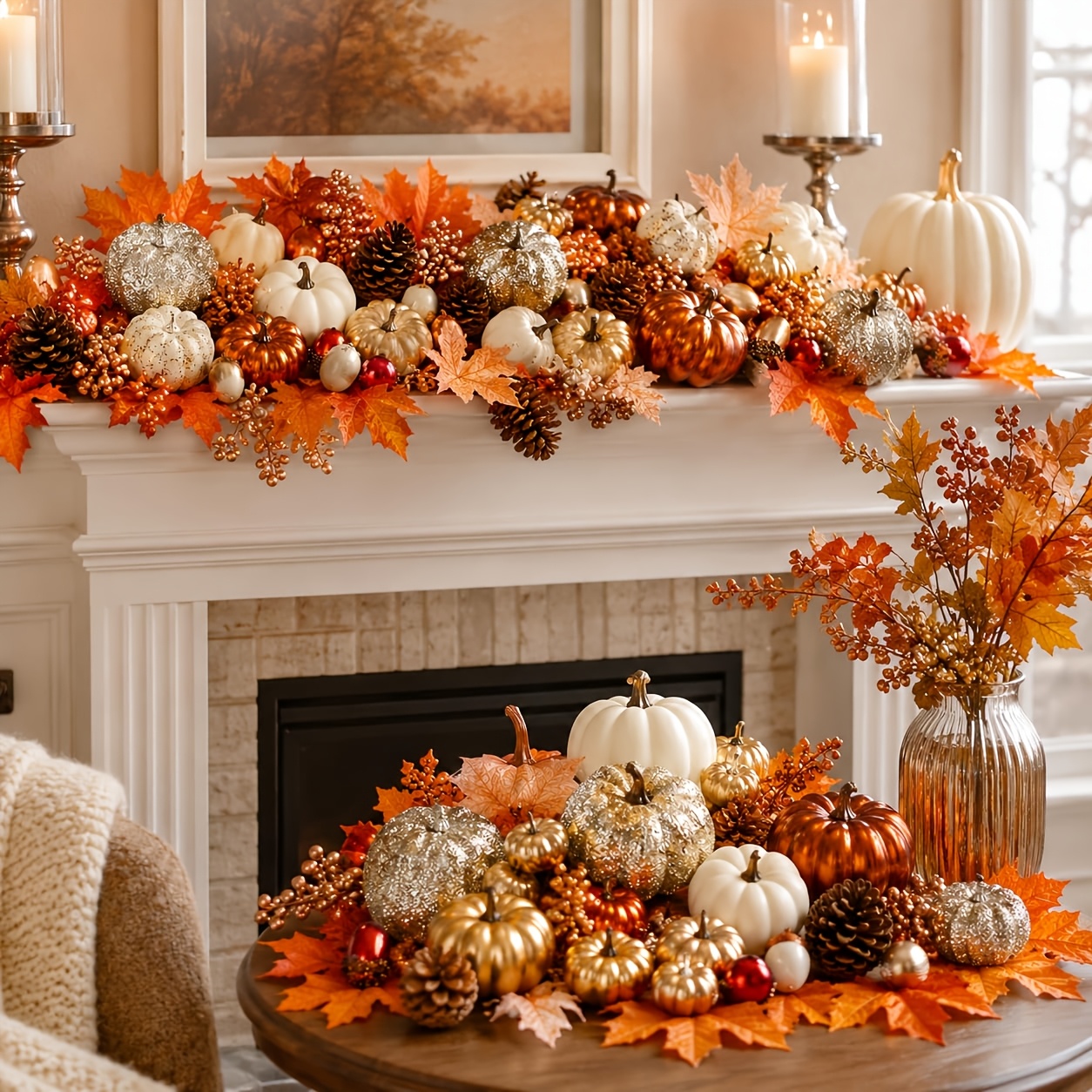 TEMU 52pcs Fall Pumpkins Decor Set, Handmade White Artificial Foam Pumpkins With & Pine Cones, Decor For Halloween Thanksgiving Home Mantel Tabletop