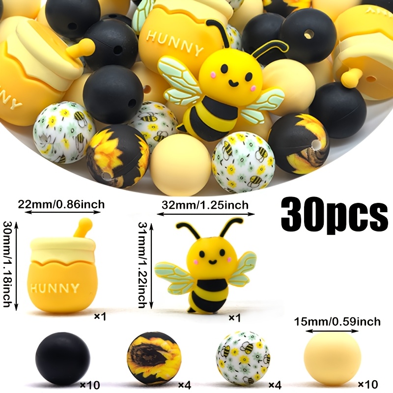 TEMU 30pz Perline in Silicone, Design a Tema Api 3D, Abbinabili con Perline Sciolte Stampate con Motivi di Girasoli e Api. Ideali per Appassionati di