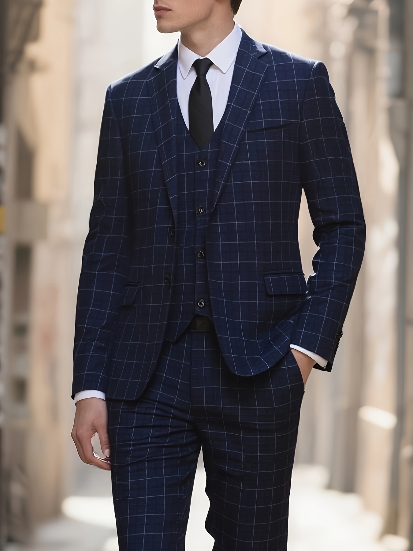 Traje De Hombre Azul Marino Solapa Con Muescas Traje De Boda De 3 Piezas De Un Solo Pecho – MX