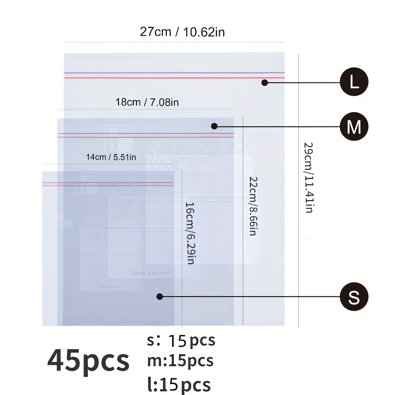 45 Piezas Bolsas Reutilizables para Almacenamiento de Alimentos, Plástico Transparente, Bolsas de Conservación para Frutas, Verduras, Granos y Carnes, Accesorios de Organización de Cocina
