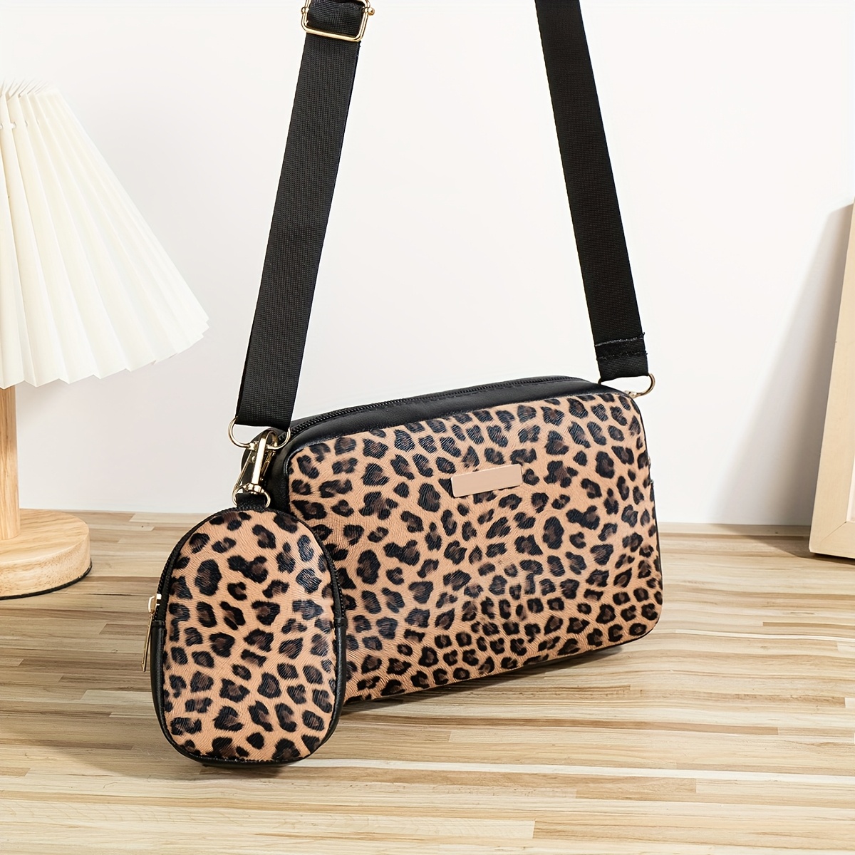 Image of Women' 2pcs Set, Western Style Fashion Leopard Print Women's Small Square Bag, Trendy Versatile Shoulder Bag Body Bag, Casual Wide Strap Adjustable Women' Purse