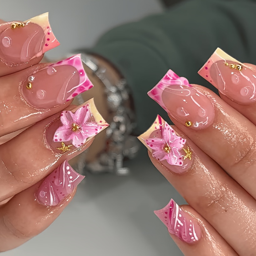 TEMU 24pcs Y2k Short Square Pink Press-on Nails, 3d Gel Flowers With Golden & Starfish Design, Removable Press-on Nails, Easy-to-wear Acrylic Fake