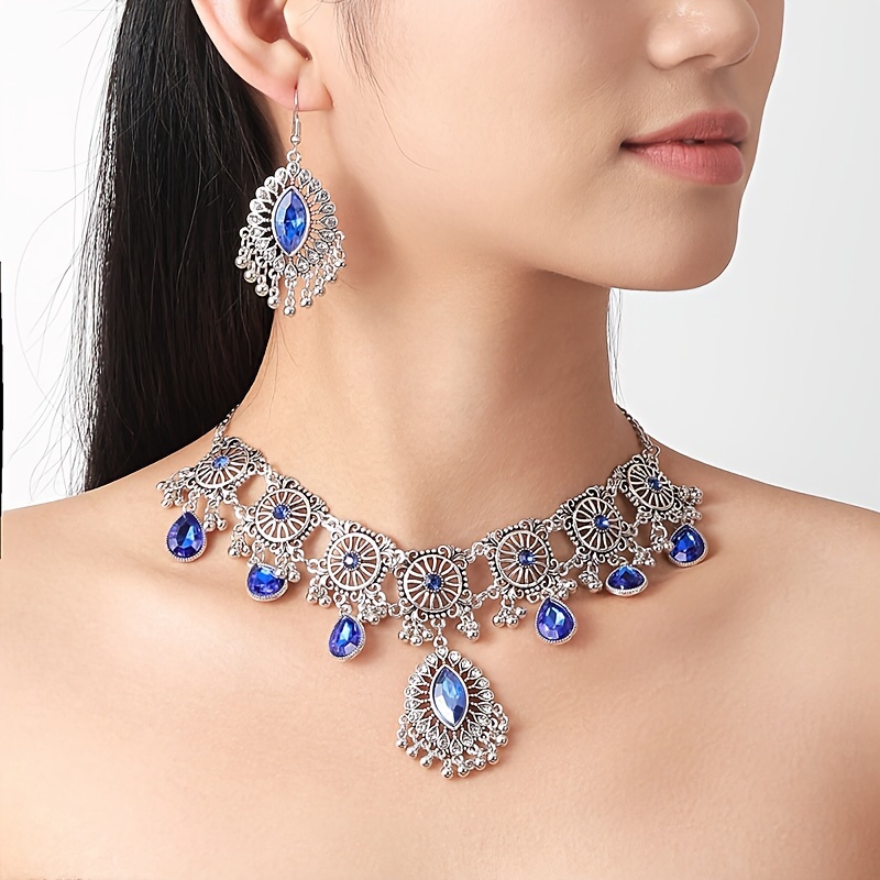 vintage exquisite flower pattern synthetic gems inlaid dangle earrings necklace luxury ethnic style silver plated jewelry jewelry set gifts for women gifts for eid details 5