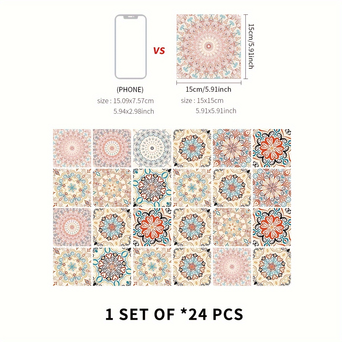 Image of 24 Pcs Geometric Mandala Vinyl Wall Tiles - Self-adhesive, Waterproof, Square Indoor Hanging Decor With Space Theme For Kitchen & Bathroom Backsplash, Peel And Stick Moroccan Pvc Wall Art Mural