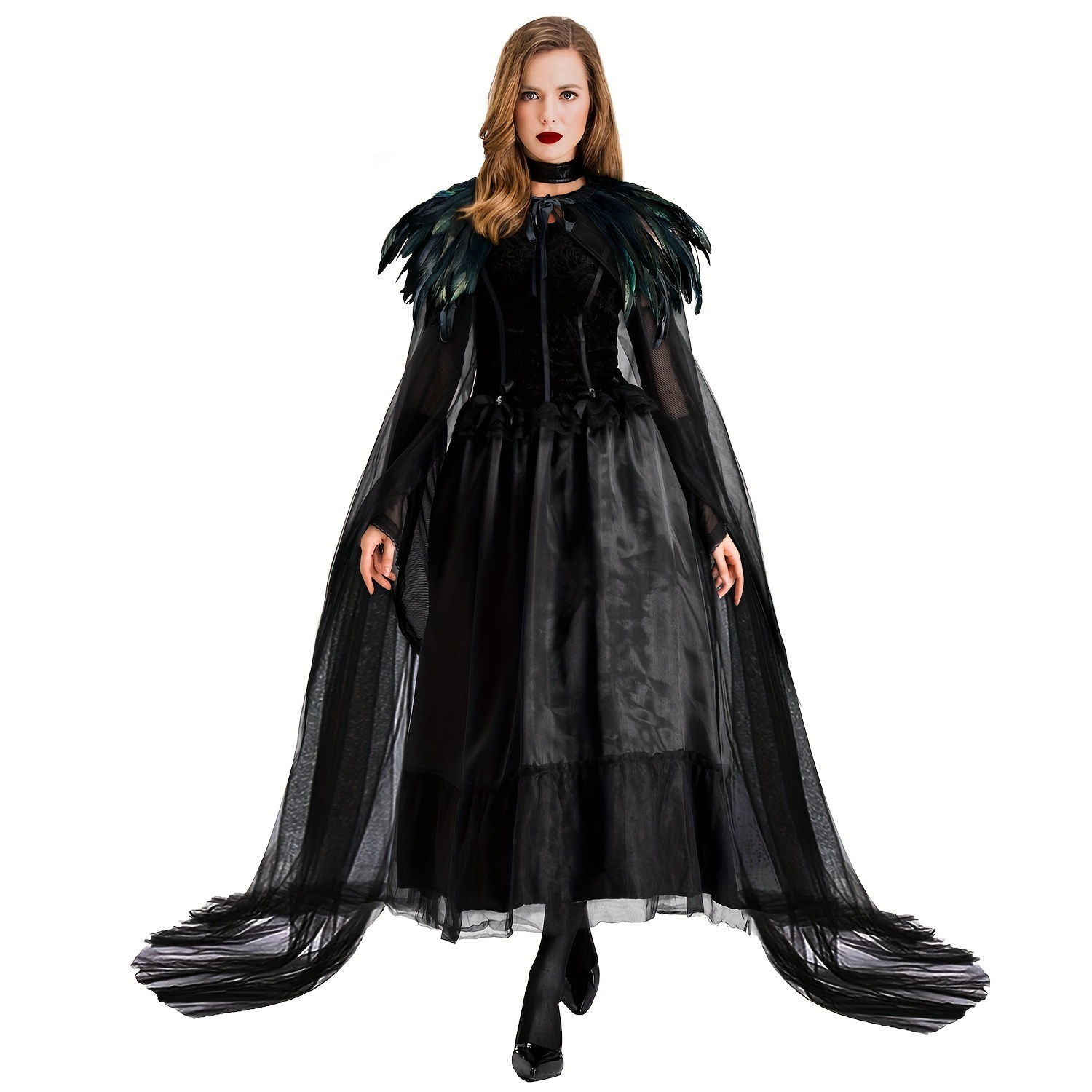 TEMU L'vow Witch Costume - Cosplay With Feathered Cape, Long Robe & Shawl - Funky Polyester Masquerade Outfit