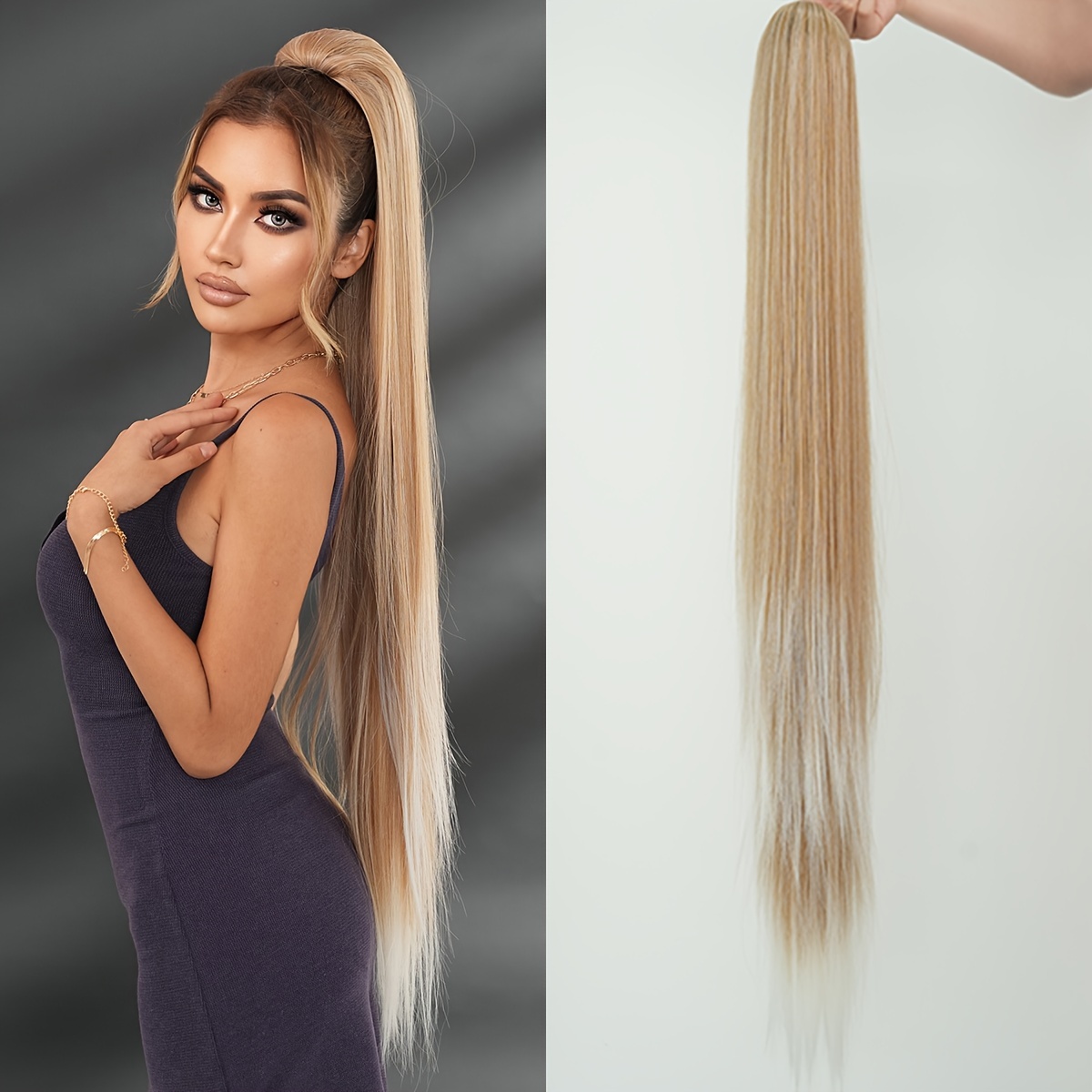 38 inch ombre white to light brown ponytail extension heat resistant synthetic hair for   for daily wear parties details 1