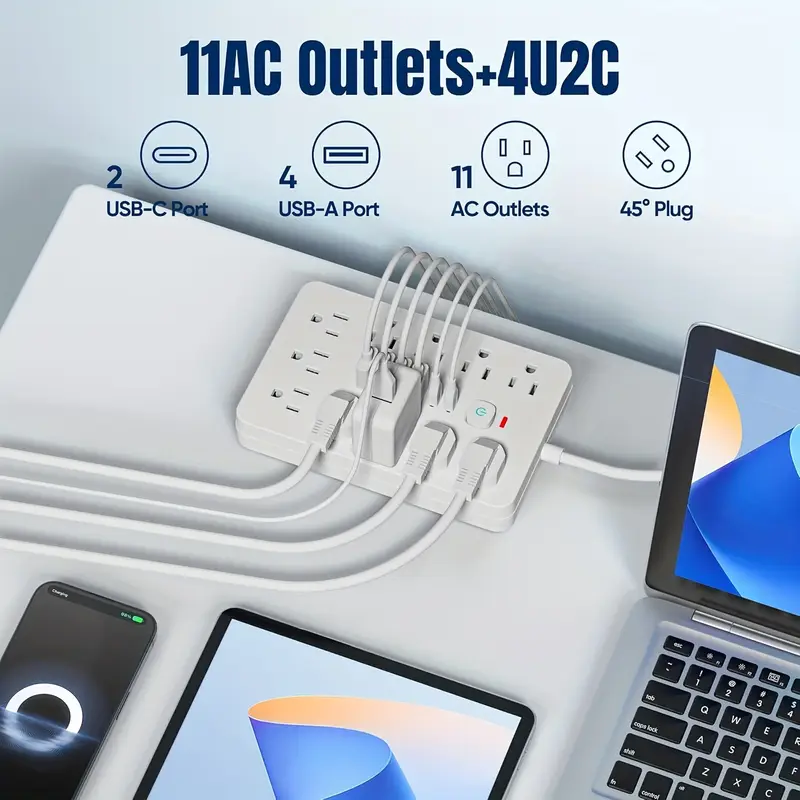 6 ft flat plug protector 11 multiple ac outlets with 6 usb 2 usb c 6 feet extension cord 1875w 15 touch switch button 17 in 1 compact with protector easy to carry suitable for home office and travel details 5