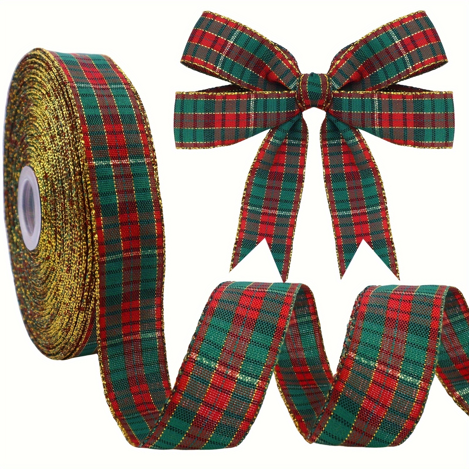 Image of 1 Roll Of Znzakka Christmas Checkered Ribbon, Measuring 5 Yards In Length And 1 Inch In Width, Featuring A Red And Green Checkered Bow Border With A , Perfect For Gift Wrapping, Garlands