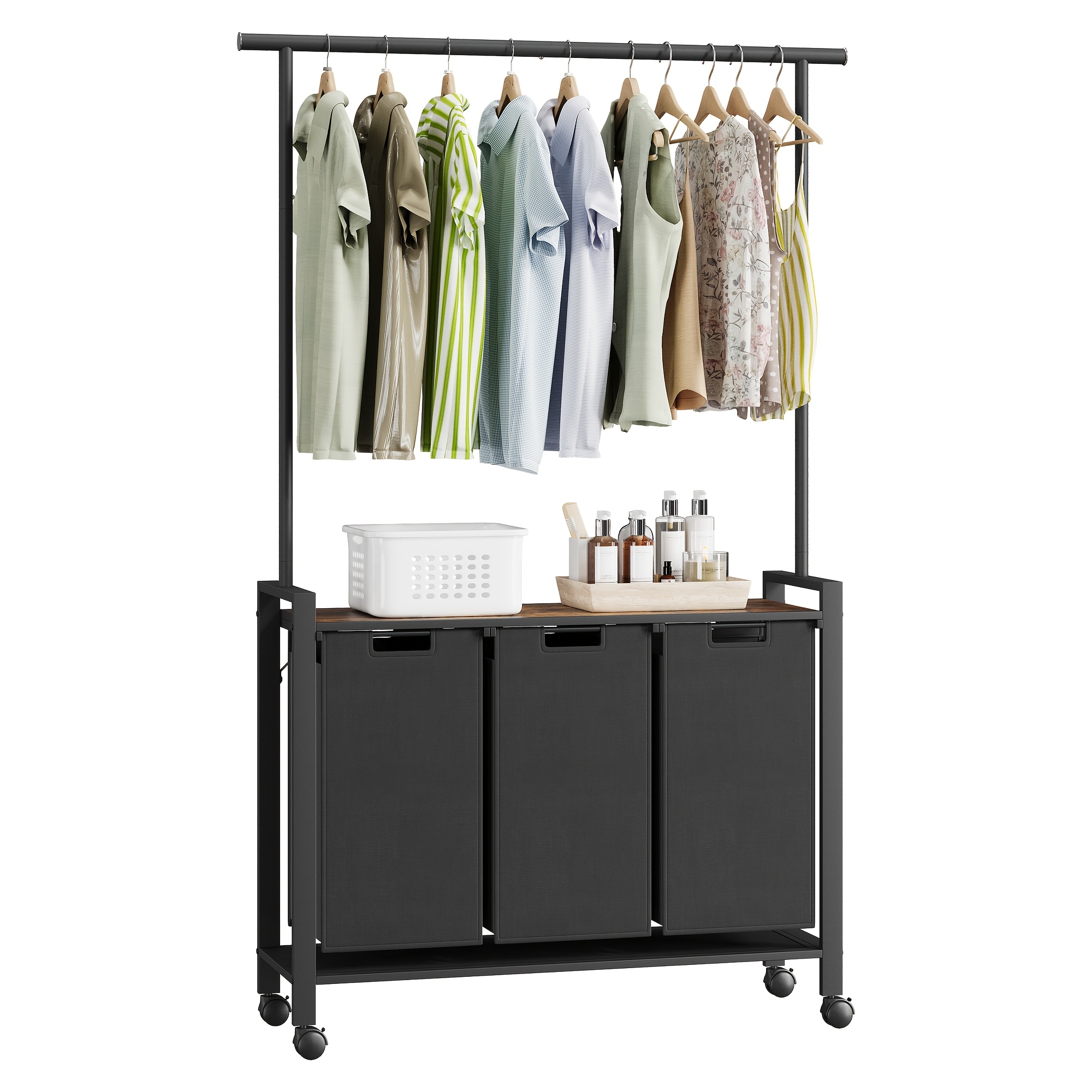 Black 3-compartment Laundry Sorter With Hanging Rod, Wooden Shelf, And 3 13-gallon Baskets - Durable Hamper Organizer For Efficient Laundry Management