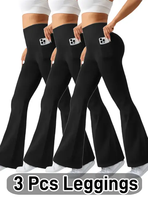 High-Waist 3pcs Women S Flare Leggings with Side Pockets - Tummy Control, Stretchy Bootcut Pants for & Casual Wear - , , Style, Occasion