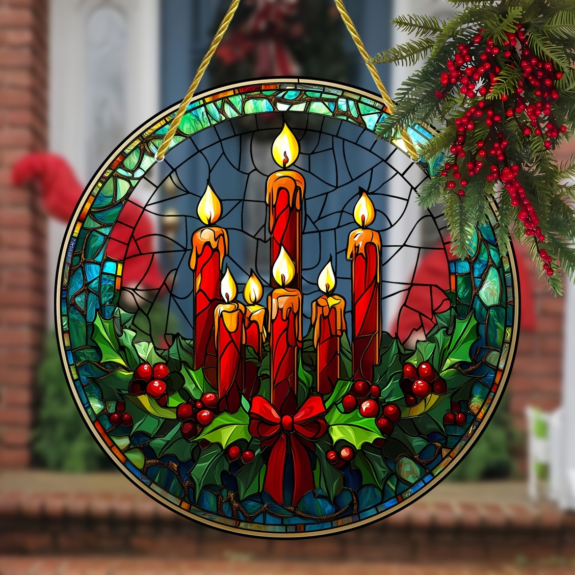 

Christmas Candle Window Hanging: 20cm/8inch, Stained With Red Candles And Holly, Suitable For All Decorating - Christmas