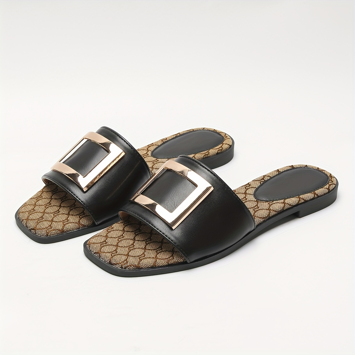 Vintage Square Toe Slides for Women - All-Season Slip-On Flat Heel Sandals with Ankle-Strap, Fashionable Casual Beach Open-Toe Slides with Square Buckle Detail, Man-Made Materials & TPR Sole
