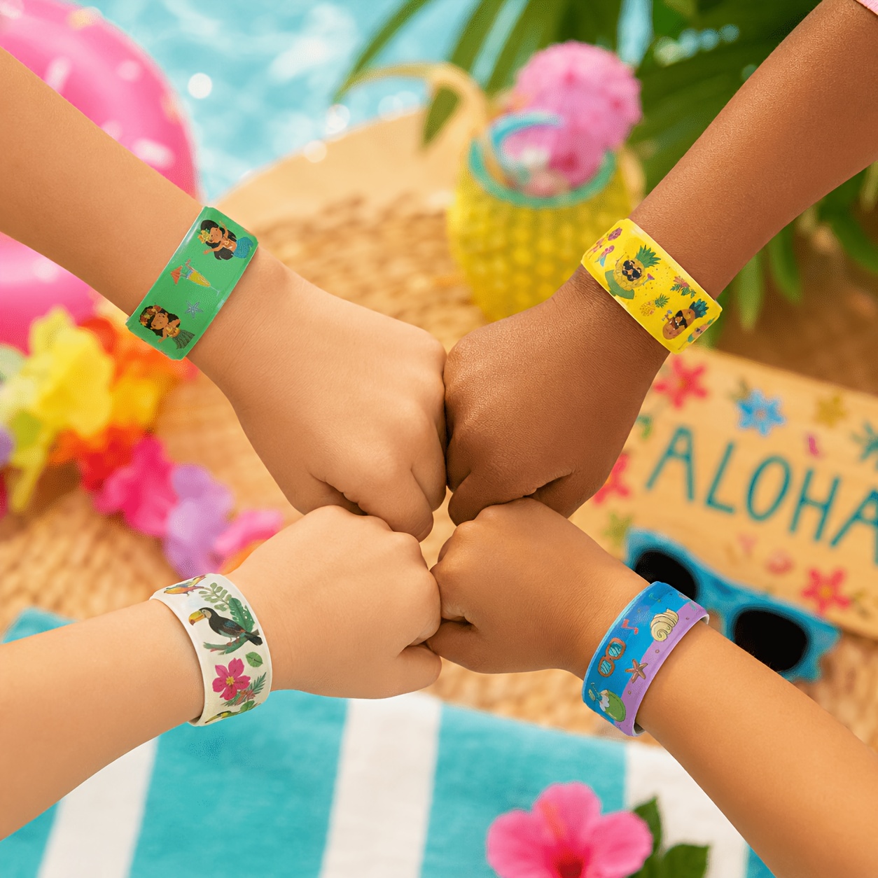 Kids Hawaii Slap Bands Bulk, Flamingo Pineapple Print Slap Bracelets, Adjustable Wristband Toys for Luau Party   Fillers And Classroom Rewards (Styles Are Random)