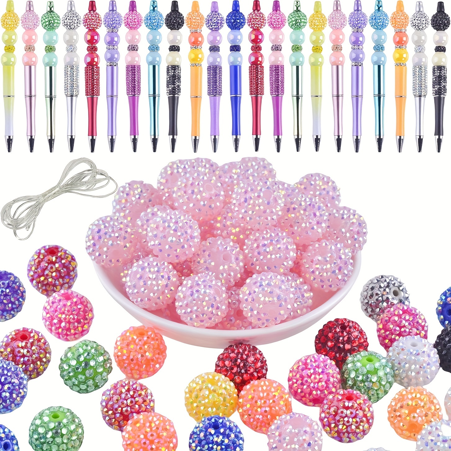 

chic" 12-piece 20mm Acrylic Beads With Rhinestones - Pink Ab Resin, Sugar Rainbow & Bubblegum Colors For Diy Pen Decorations And Keychain Crafting