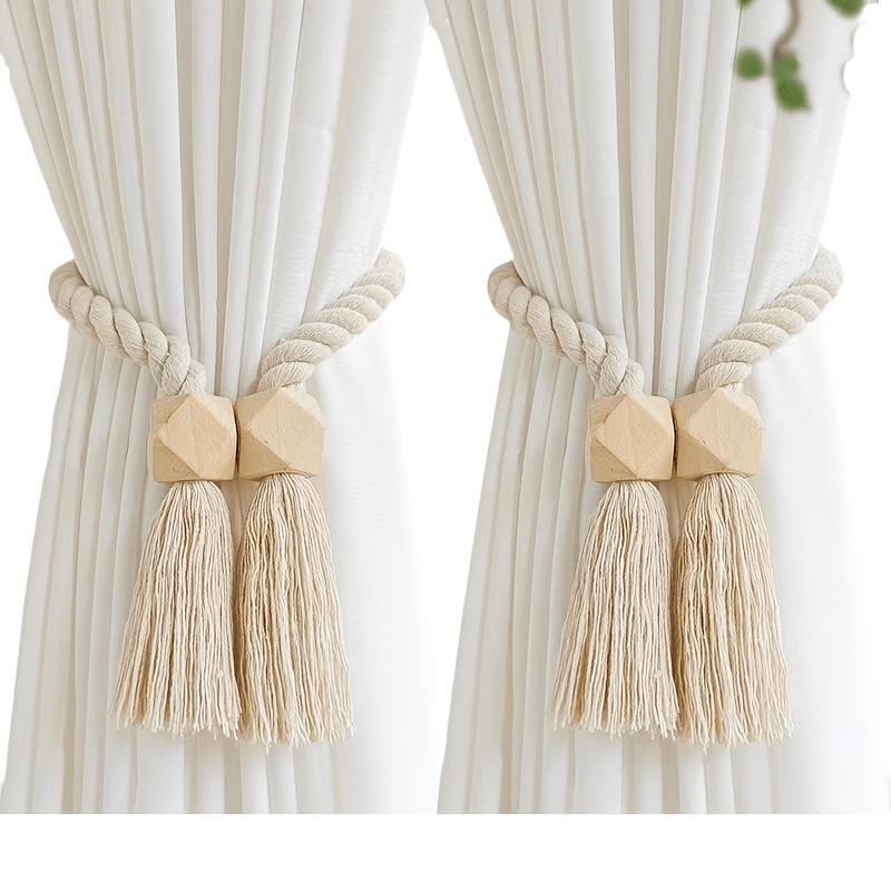 4pcs Ya Mei Magnetic Curtain Ties. Easy Wooden Tassel Curtain Hooks. Suitable for Curtain Fixation in Bedrooms, Living Rooms And Kitchens. Home Decor