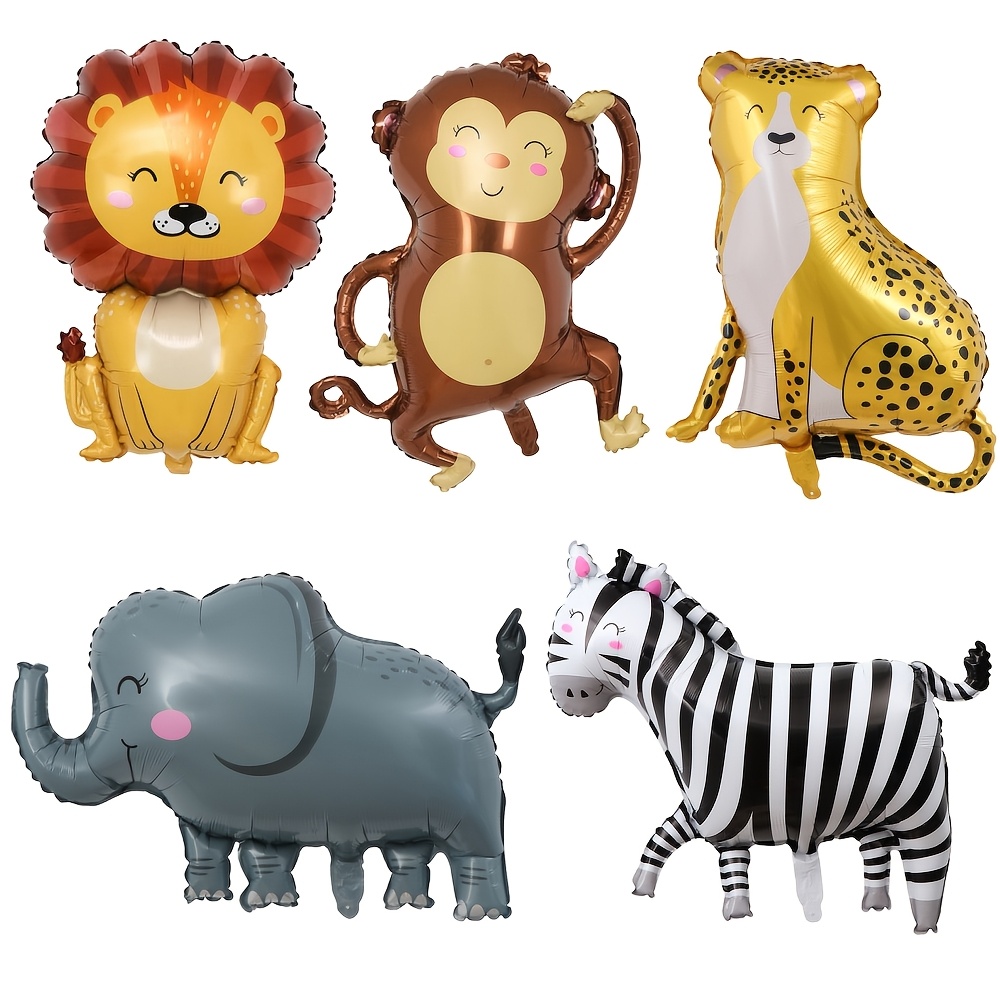 Image of 5pcs Animal Foil Balloons Set, Cartoon Expedition Party Decorations With Monkey, Leopard, Lion, Zebra, Elephant For Scenes And Jungle Birthday Party Decorations, For Halloween, Christmas
