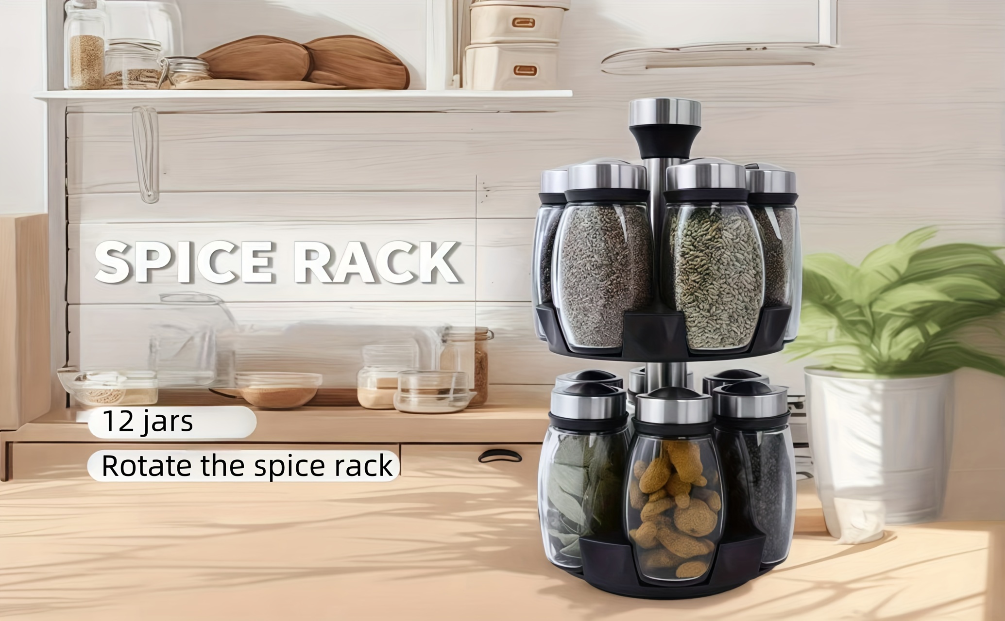 12-Jar Double Deck Rotary Spice Rack Organizer, Glass Countertop Spice Holder with Step Shelf, Reusable Labels & Funnels, Multifunctional Kitchen Spice Storage System