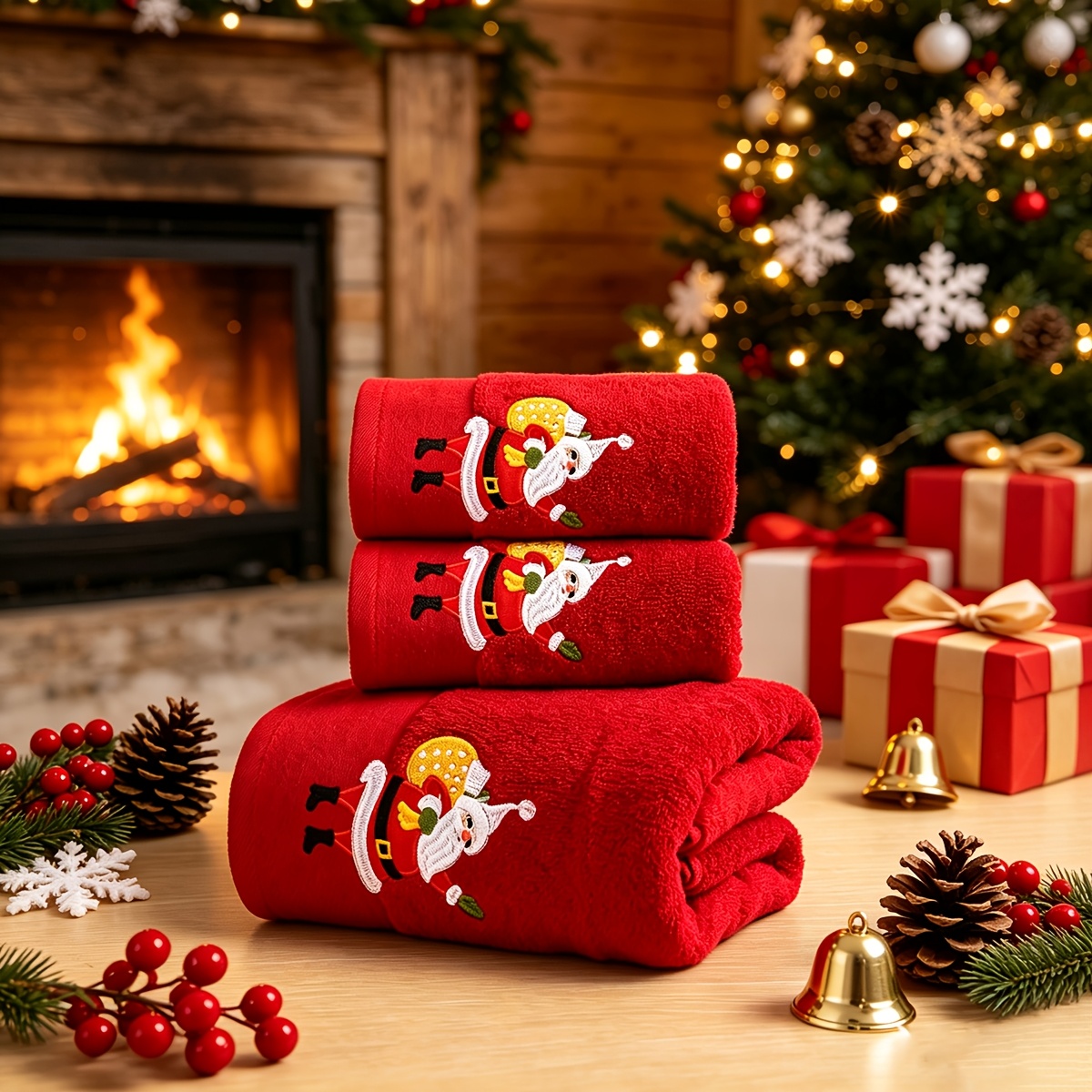 3-teiliges Weihnachts-Handtuch-Set aus 100% Baumwolle, 2 Handtücher + 1 Badetuch, Baumwoll-Terry-Handtuch mit Stickerei, Schneemann-Handtuch, Weihnachts-Handtuch-Set, festliche Badetuch-Set,