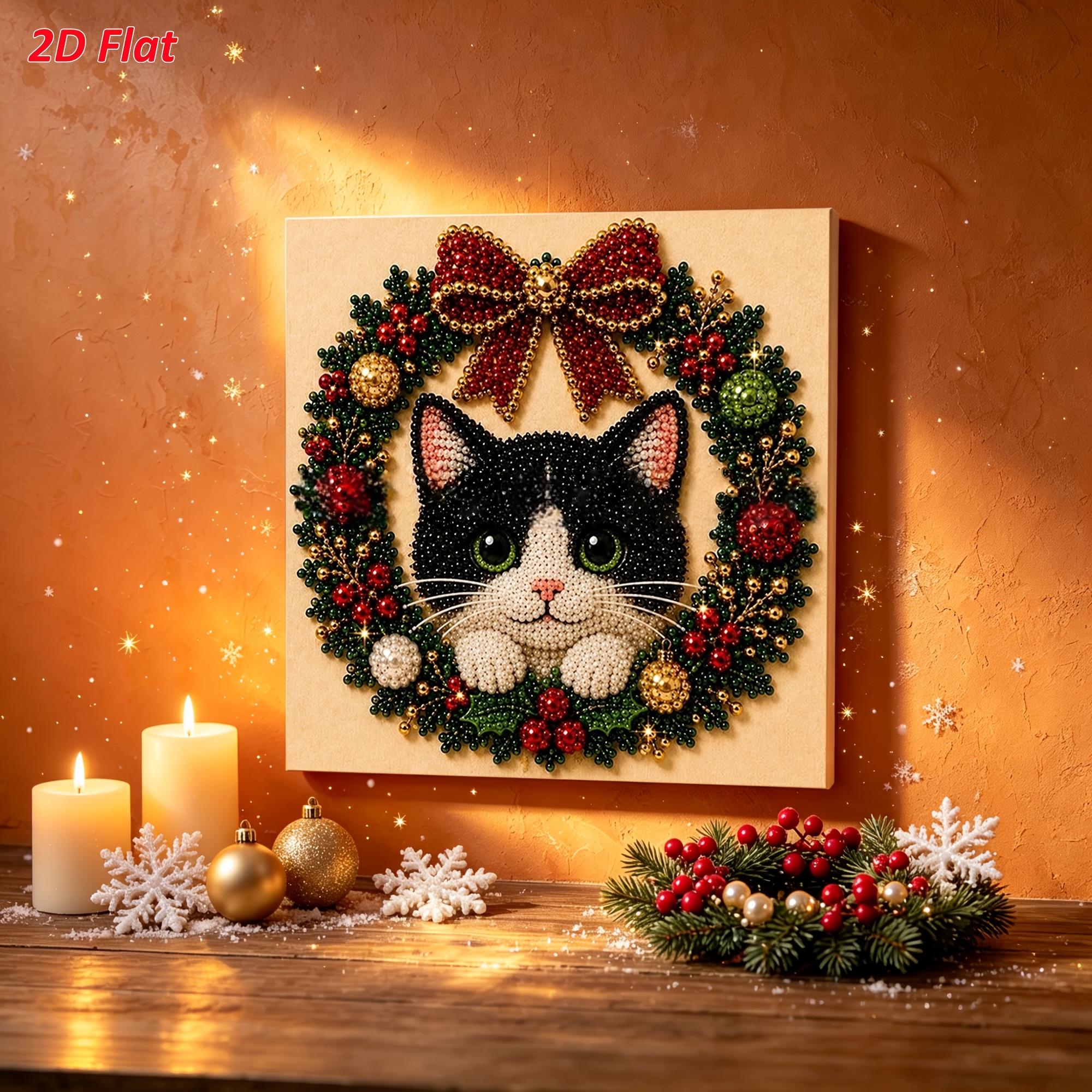 TEMU 2d Flat Diy Frameless Pearl Diamond Painting Kit, Christmas Wreath Cat Theme, , Pre-printed Canvas, Easy Stress-relief Craft For Beginners,