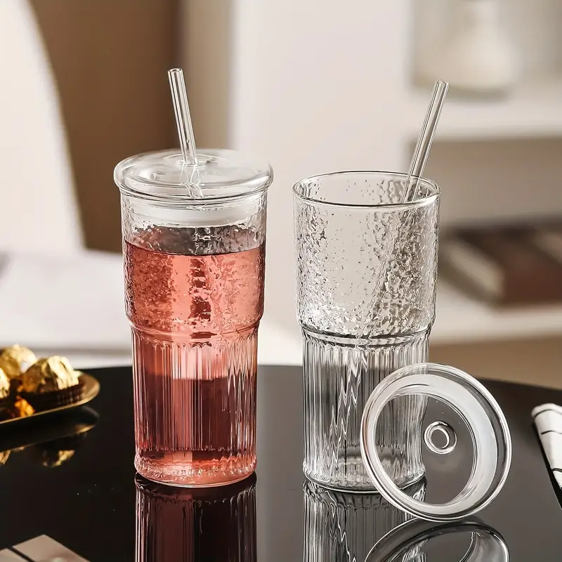 2pcs 22oz 650ml with lid straw straw brush ribbed glass cup reusable wide mouthed smoothie cup thick walled glass iced coffee cup tea cup juice cup a great holiday christmas anniversary housewarming gift for Product details 8
