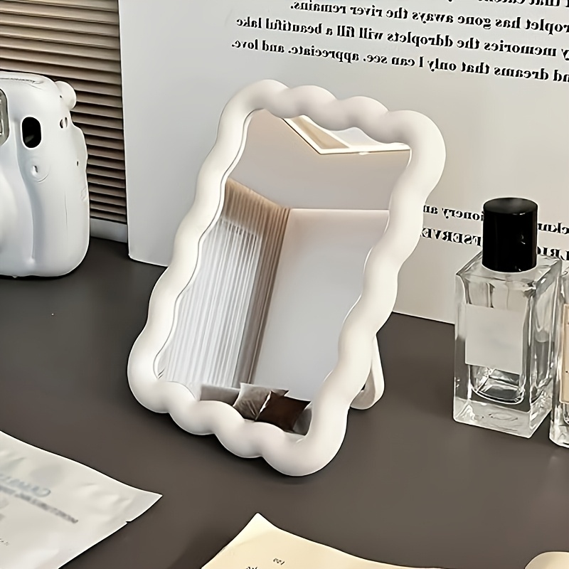 1pc portable wave vanity mirror shaped floral with polished plastic frame compact   ideal for makeup travel wall mountable or desktop design   women desktop vanity mirror floral motif mirror makeup mirror