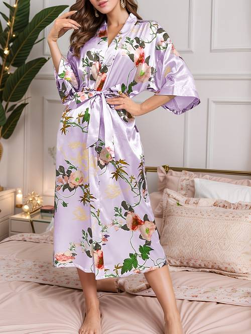 elegant floral print satin lounge robes three quarter sleeve longline home robe with belt womens loungewear sleepwear